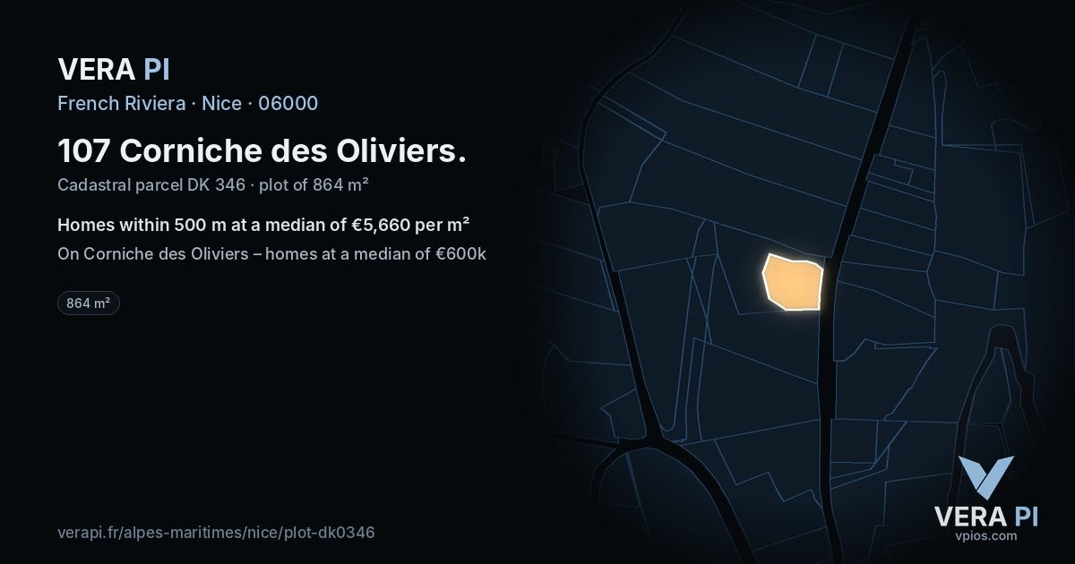 107 Corniche des Oliviers, Nice at night – the plot lit, the parcels around coloured by the prices near them