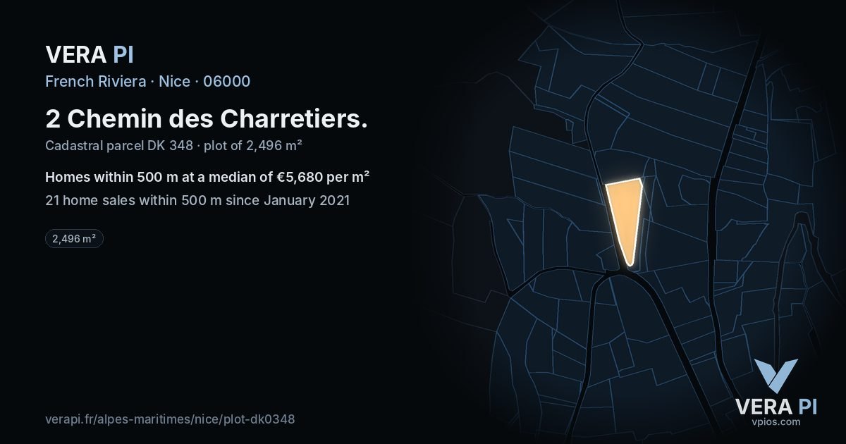 2 Chemin des Charretiers, Nice at night – the plot lit, the parcels around coloured by the prices near them