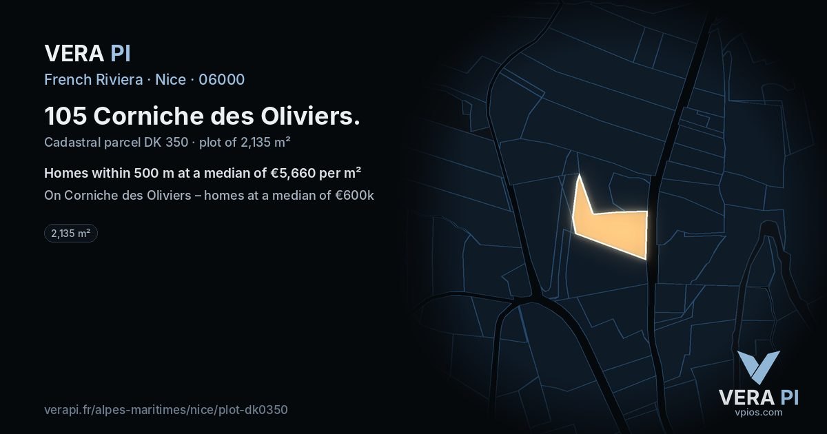105 Corniche des Oliviers, Nice at night – the plot lit, the parcels around coloured by the prices near them