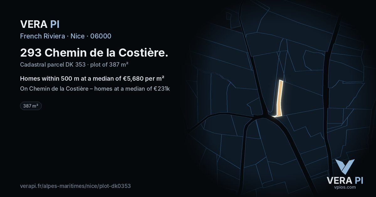 293 Chemin de la Costière, Nice at night – the plot lit, the parcels around coloured by the prices near them