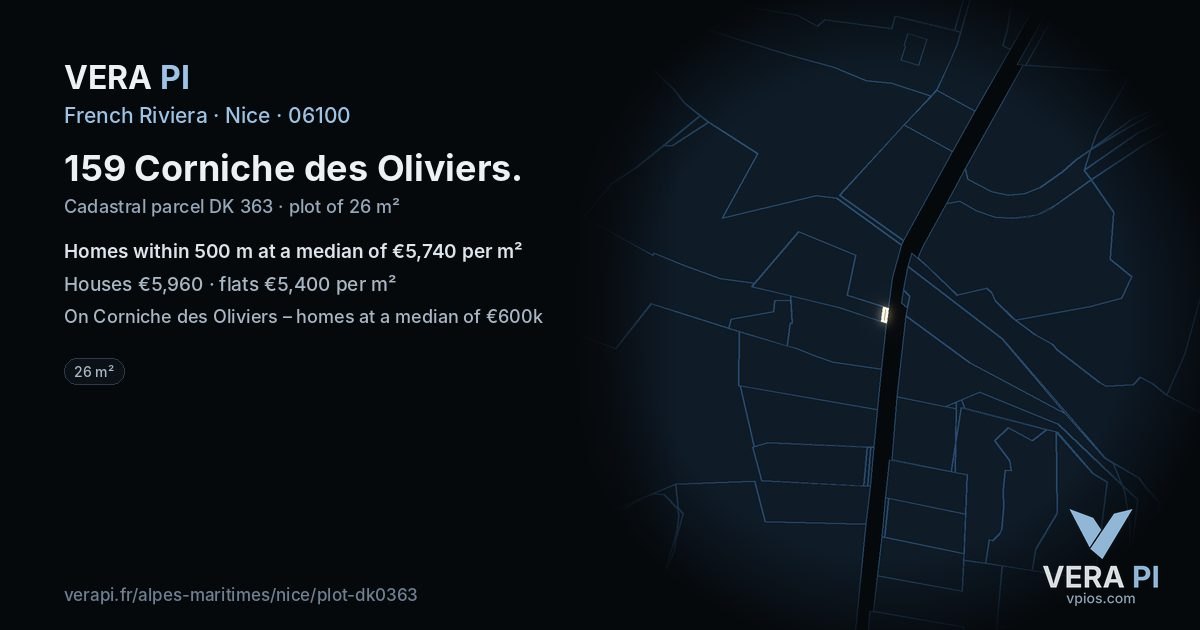 159 Corniche des Oliviers, Nice at night – the plot lit, the parcels around coloured by the prices near them