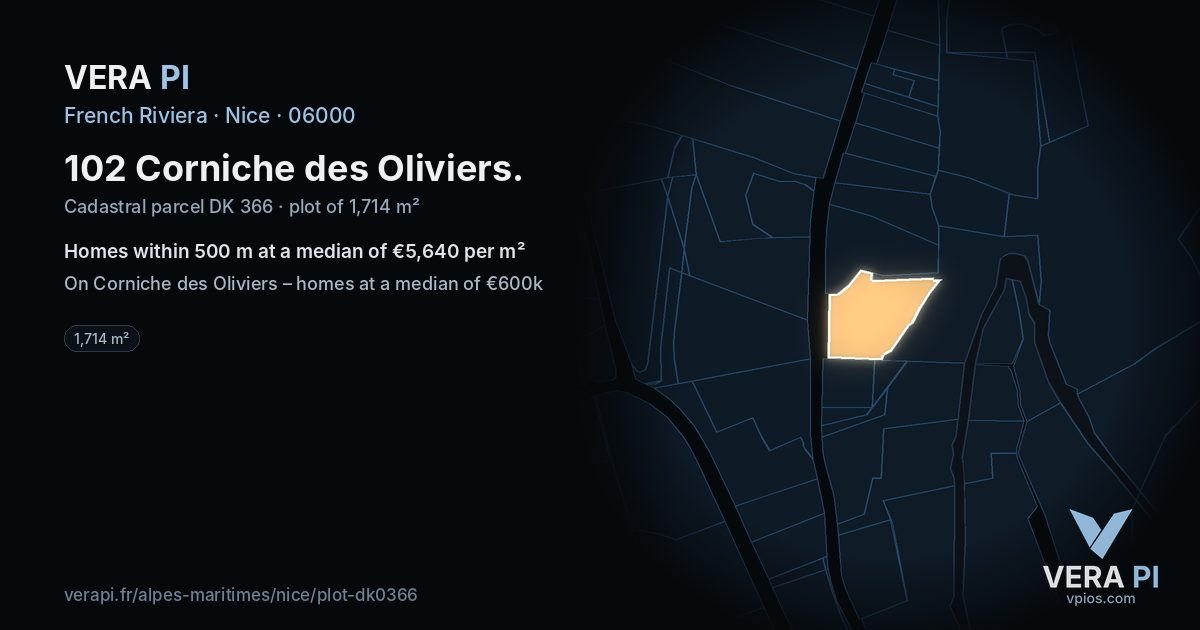 102 Corniche des Oliviers, Nice at night – the plot lit, the parcels around coloured by the prices near them