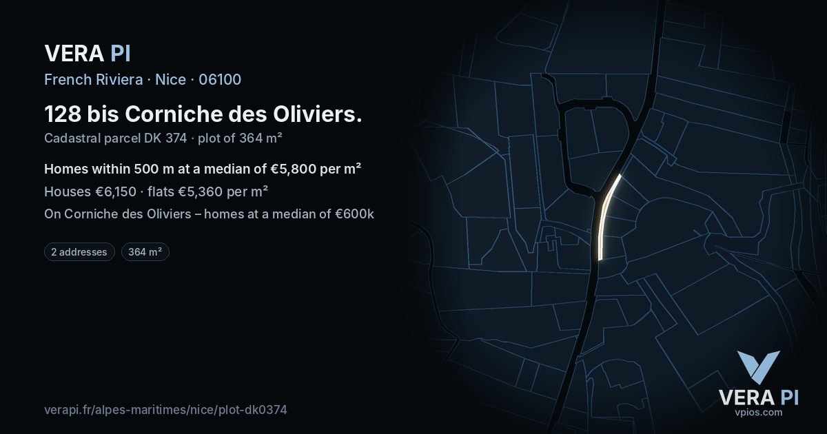 128 bis Corniche des Oliviers, Nice at night – the plot lit, the parcels around coloured by the prices near them
