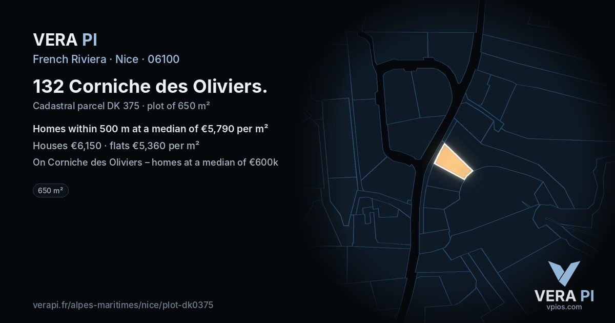 132 Corniche des Oliviers, Nice at night – the plot lit, the parcels around coloured by the prices near them