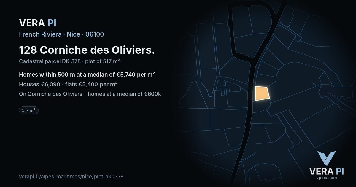 128 Corniche des Oliviers, Nice at night – the plot lit, the parcels around coloured by the prices near them