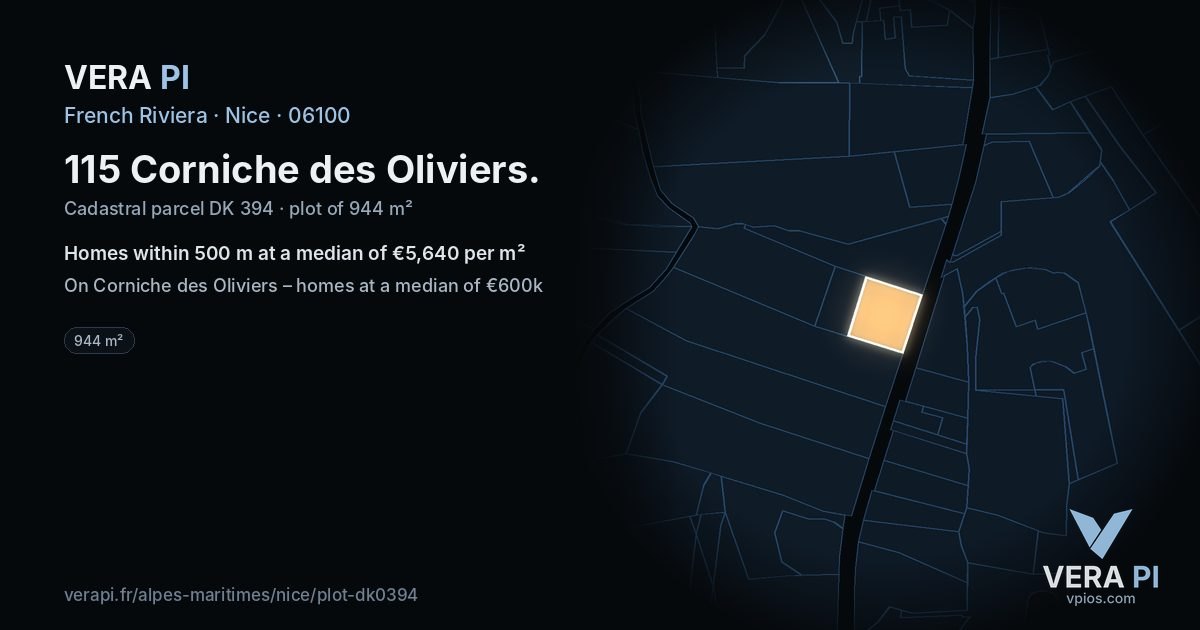 115 Corniche des Oliviers, Nice at night – the plot lit, the parcels around coloured by the prices near them