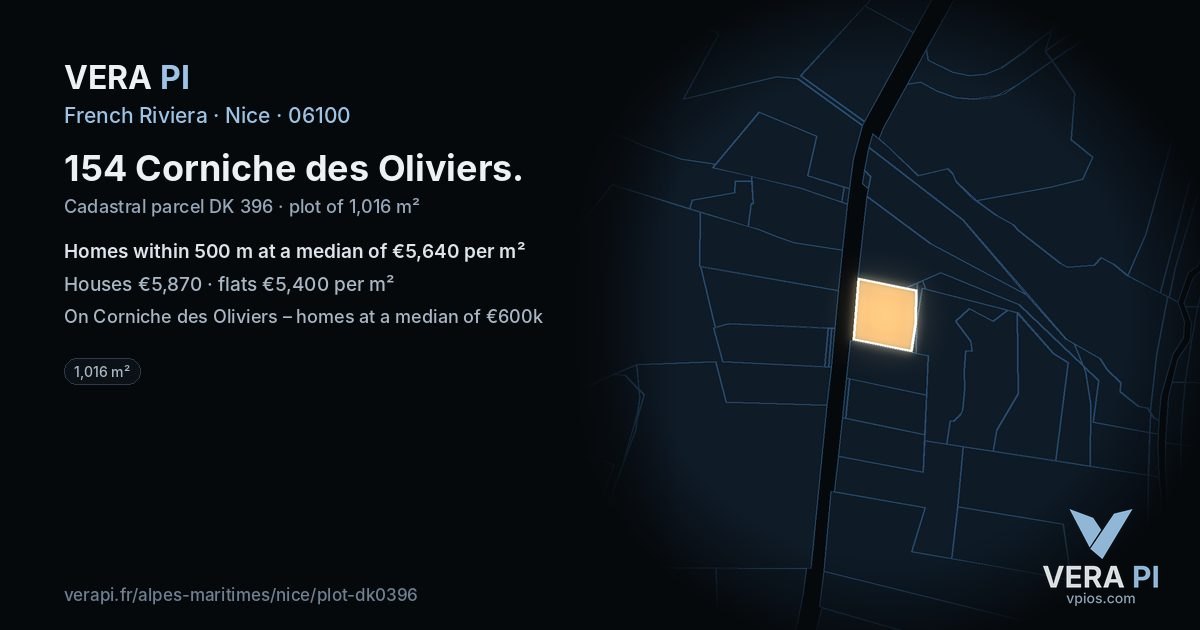 154 Corniche des Oliviers, Nice at night – the plot lit, the parcels around coloured by the prices near them