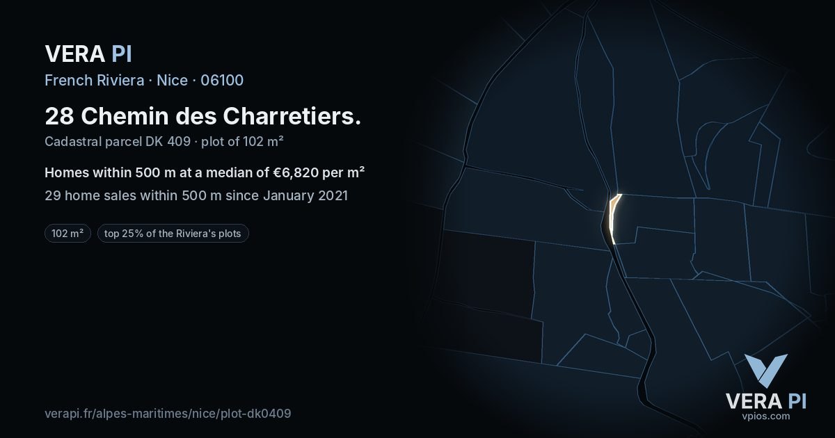 28 Chemin des Charretiers, Nice at night – the plot lit, the parcels around coloured by the prices near them