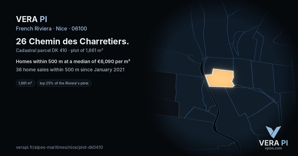 26 Chemin des Charretiers, Nice at night – the plot lit, the parcels around coloured by the prices near them