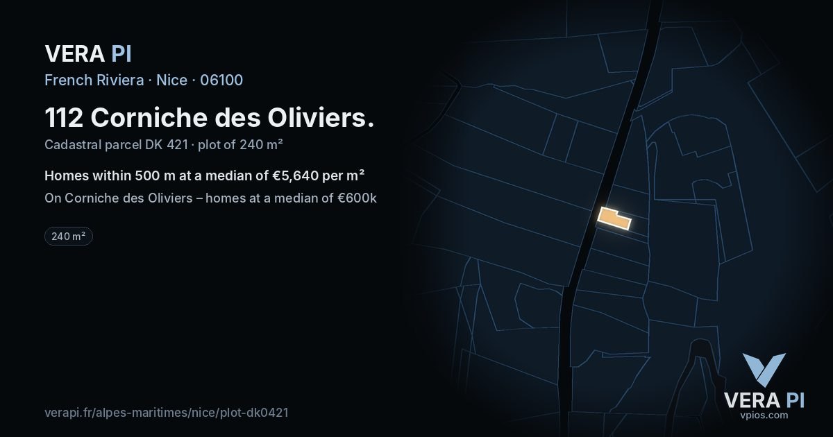 112 Corniche des Oliviers, Nice at night – the plot lit, the parcels around coloured by the prices near them