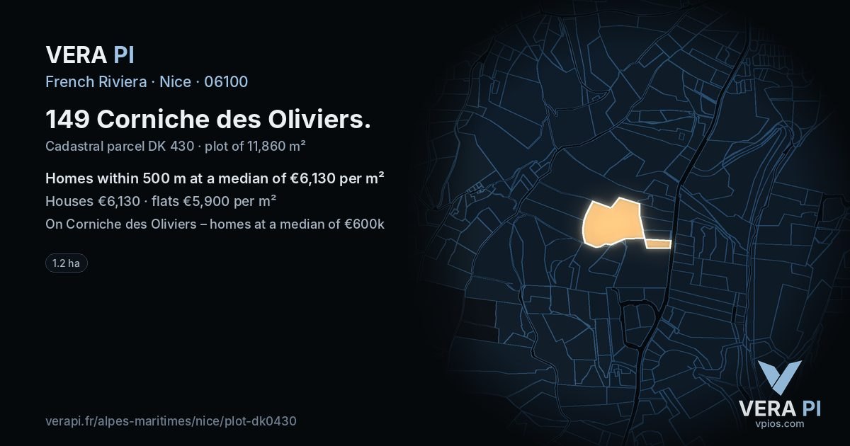 149 Corniche des Oliviers, Nice at night – the plot lit, the parcels around coloured by the prices near them