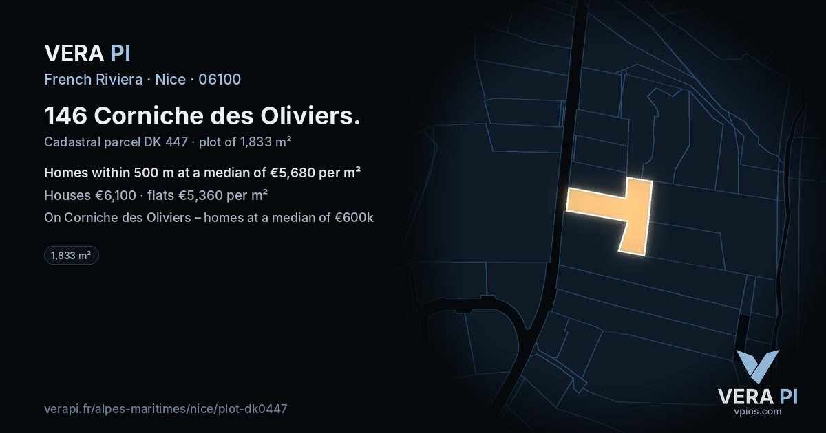 146 Corniche des Oliviers, Nice at night – the plot lit, the parcels around coloured by the prices near them