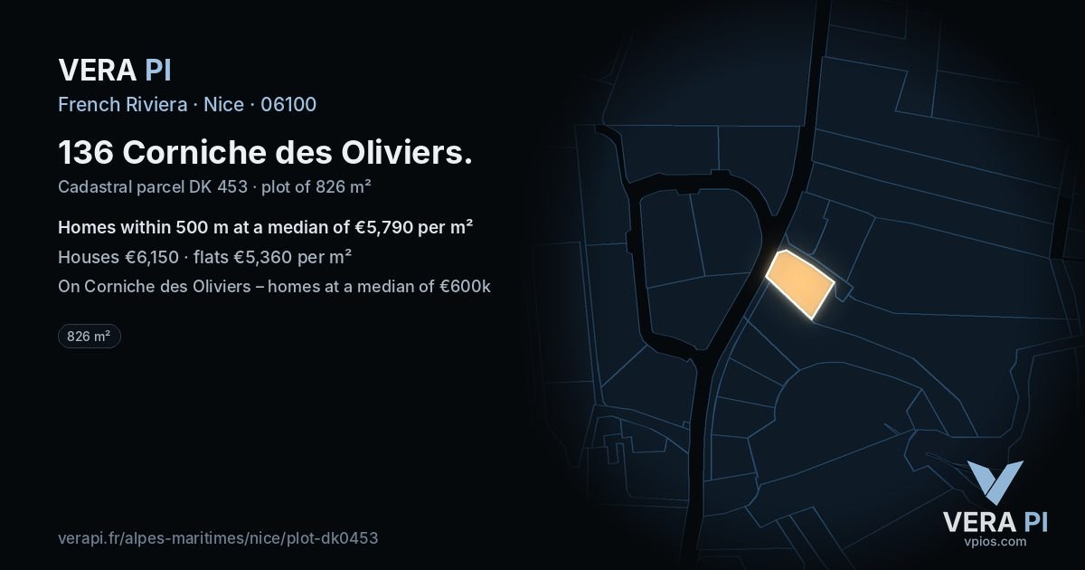 136 Corniche des Oliviers, Nice at night – the plot lit, the parcels around coloured by the prices near them