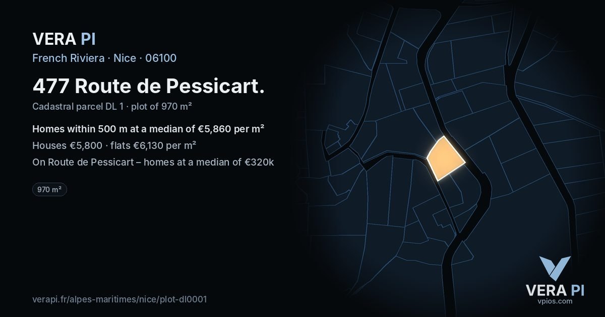 477 Route de Pessicart, Nice at night – the plot lit, the parcels around coloured by the prices near them