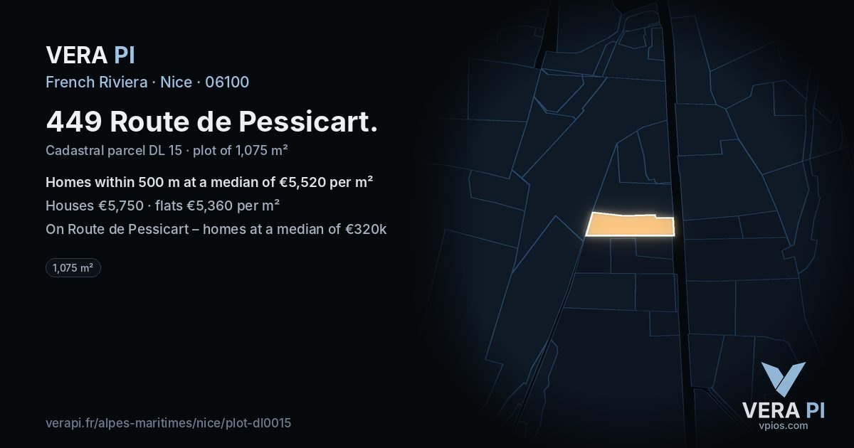 449 Route de Pessicart, Nice at night – the plot lit, the parcels around coloured by the prices near them