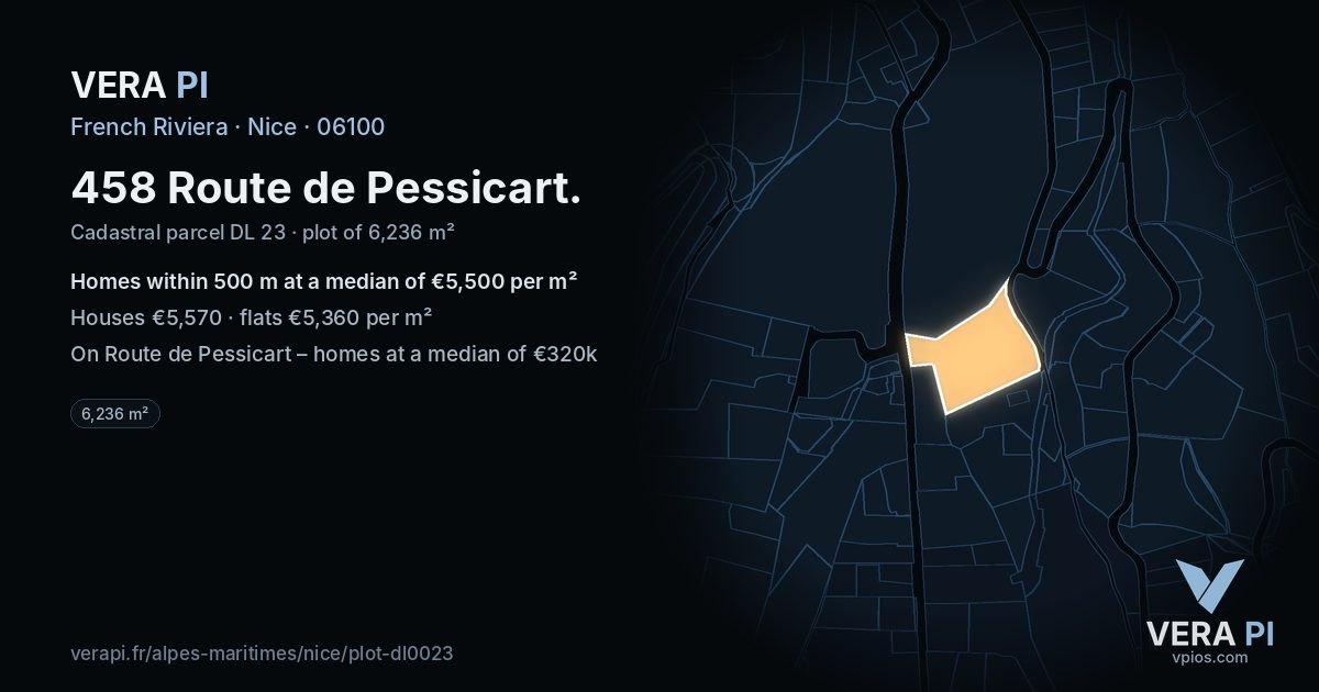 458 Route de Pessicart, Nice at night – the plot lit, the parcels around coloured by the prices near them