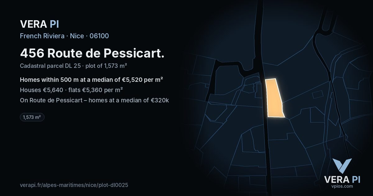 456 Route de Pessicart, Nice at night – the plot lit, the parcels around coloured by the prices near them