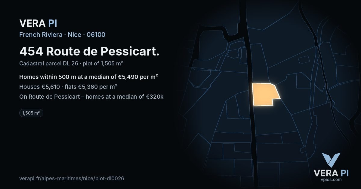 454 Route de Pessicart, Nice at night – the plot lit, the parcels around coloured by the prices near them