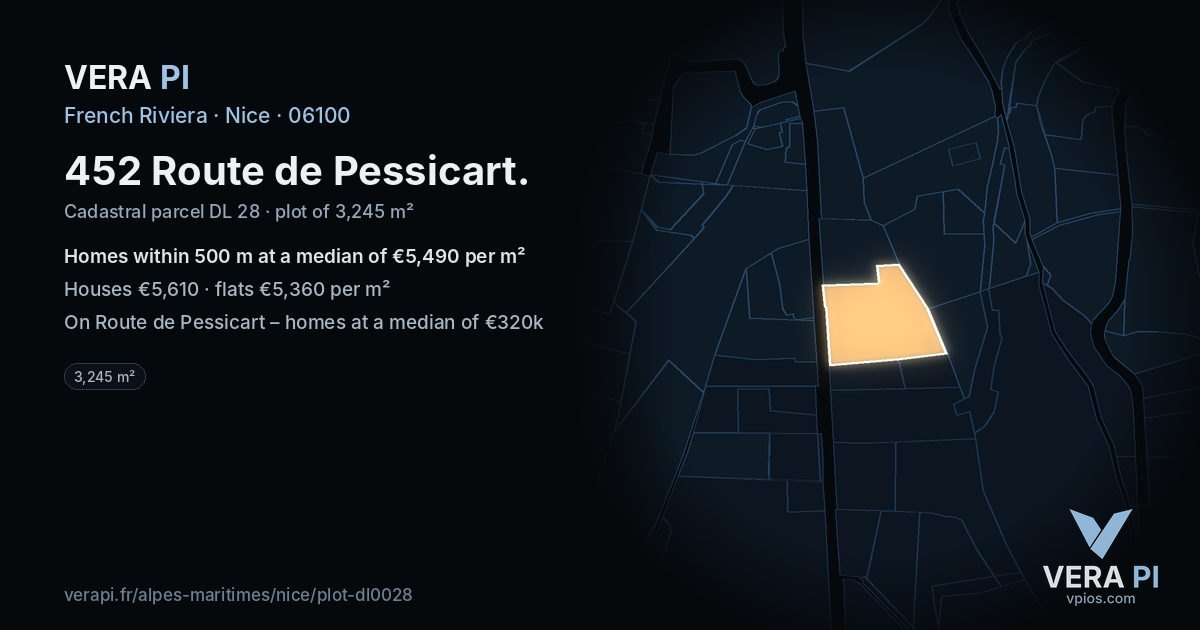 452 Route de Pessicart, Nice at night – the plot lit, the parcels around coloured by the prices near them