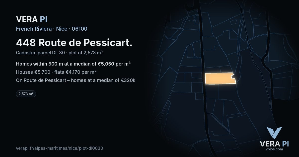 448 Route de Pessicart, Nice at night – the plot lit, the parcels around coloured by the prices near them