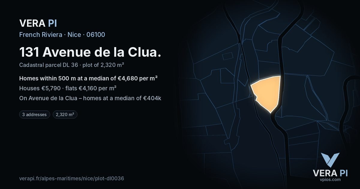 131 Avenue de la Clua, Nice at night – the plot lit, the parcels around coloured by the prices near them