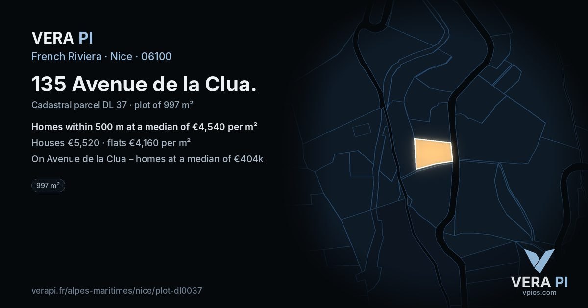 135 Avenue de la Clua, Nice at night – the plot lit, the parcels around coloured by the prices near them