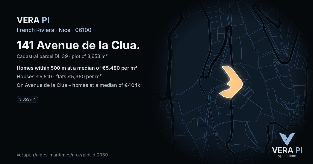 141 Avenue de la Clua, Nice at night – the plot lit, the parcels around coloured by the prices near them
