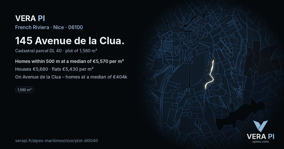145 Avenue de la Clua, Nice at night – the plot lit, the parcels around coloured by the prices near them