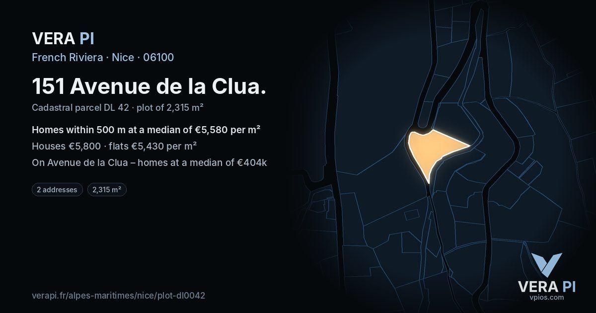 151 Avenue de la Clua, Nice at night – the plot lit, the parcels around coloured by the prices near them