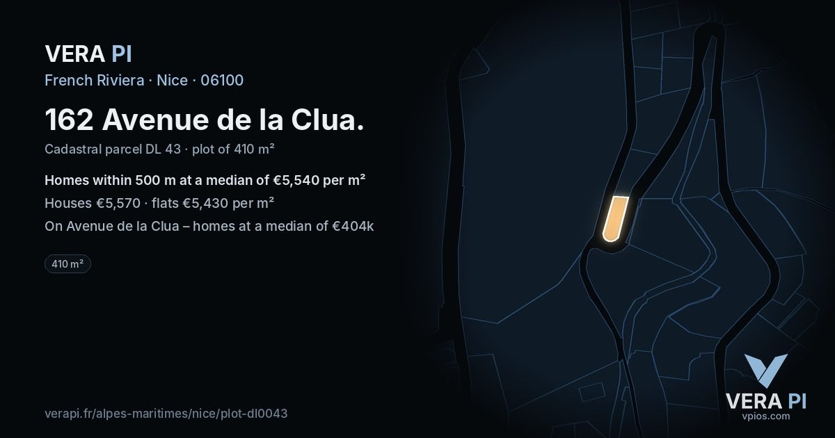 162 Avenue de la Clua, Nice at night – the plot lit, the parcels around coloured by the prices near them