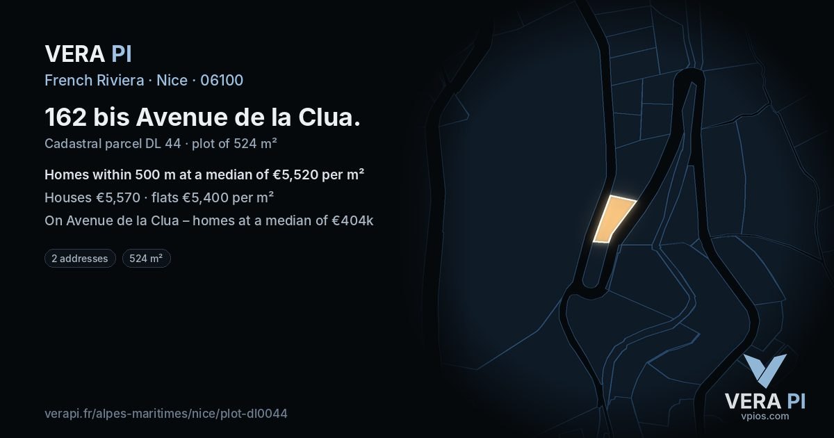 162 bis Avenue de la Clua, Nice at night – the plot lit, the parcels around coloured by the prices near them