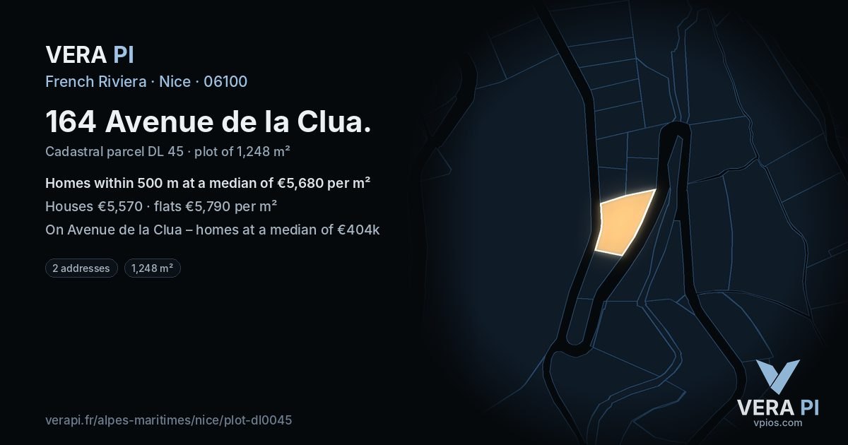 164 Avenue de la Clua, Nice at night – the plot lit, the parcels around coloured by the prices near them