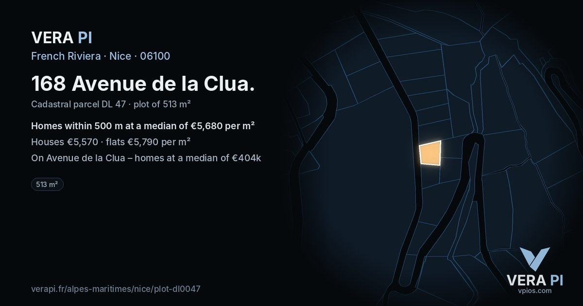 168 Avenue de la Clua, Nice at night – the plot lit, the parcels around coloured by the prices near them