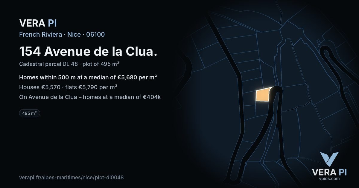 154 Avenue de la Clua, Nice at night – the plot lit, the parcels around coloured by the prices near them