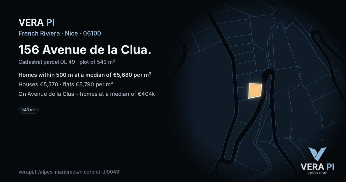 156 Avenue de la Clua, Nice at night – the plot lit, the parcels around coloured by the prices near them