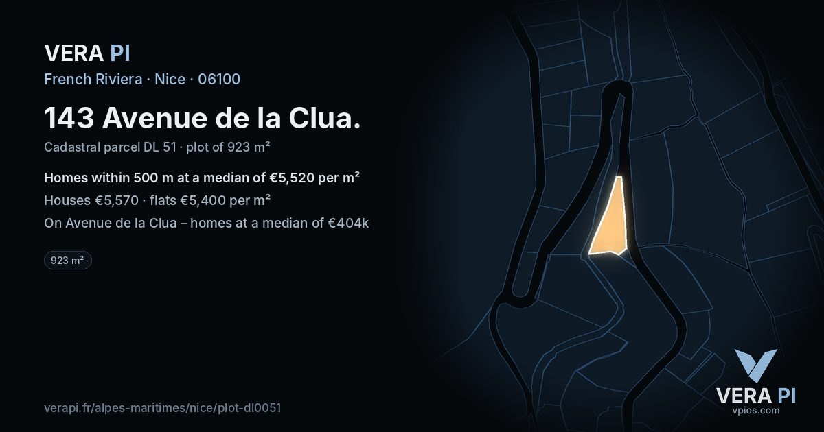143 Avenue de la Clua, Nice at night – the plot lit, the parcels around coloured by the prices near them