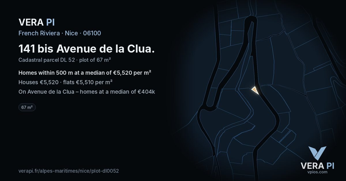 141 bis Avenue de la Clua, Nice at night – the plot lit, the parcels around coloured by the prices near them