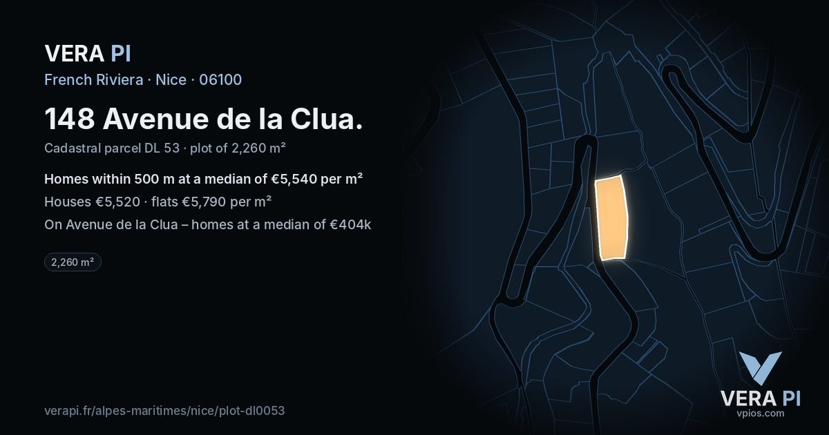 148 Avenue de la Clua, Nice at night – the plot lit, the parcels around coloured by the prices near them