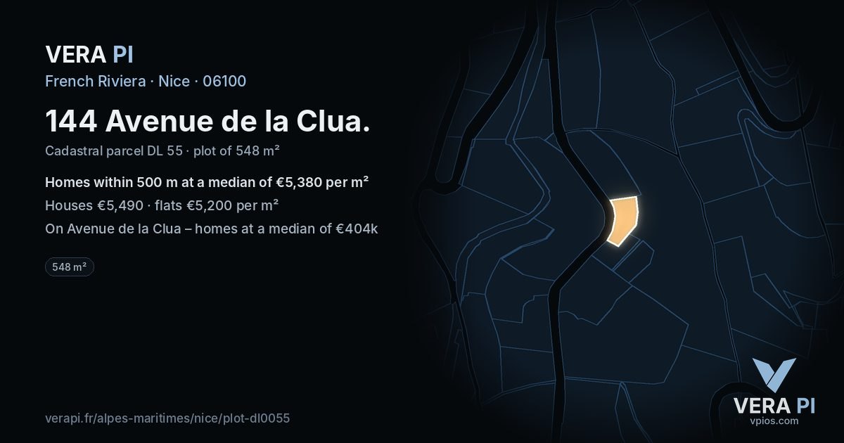 144 Avenue de la Clua, Nice at night – the plot lit, the parcels around coloured by the prices near them