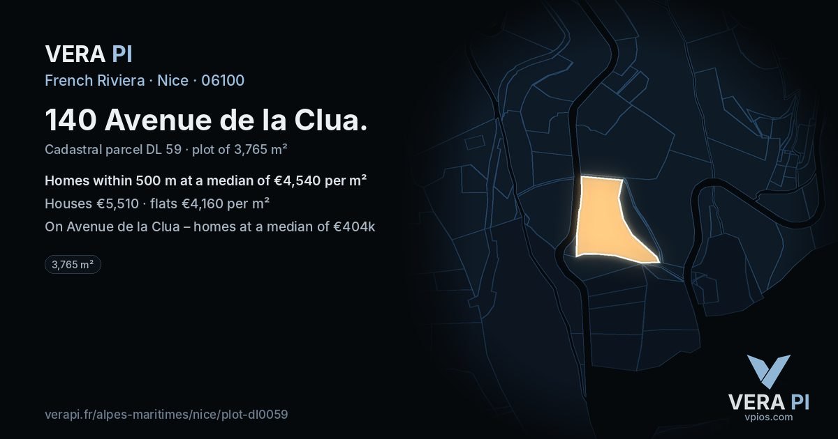 140 Avenue de la Clua, Nice at night – the plot lit, the parcels around coloured by the prices near them