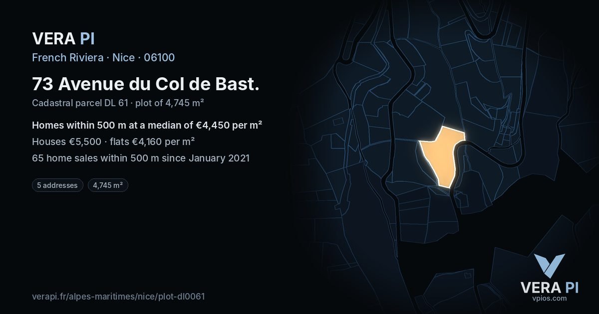 73 Avenue du Col de Bast, Nice at night – the plot lit, the parcels around coloured by the prices near them