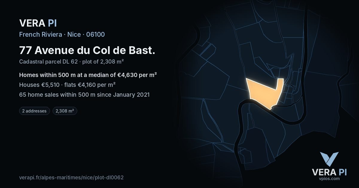 77 Avenue du Col de Bast, Nice at night – the plot lit, the parcels around coloured by the prices near them