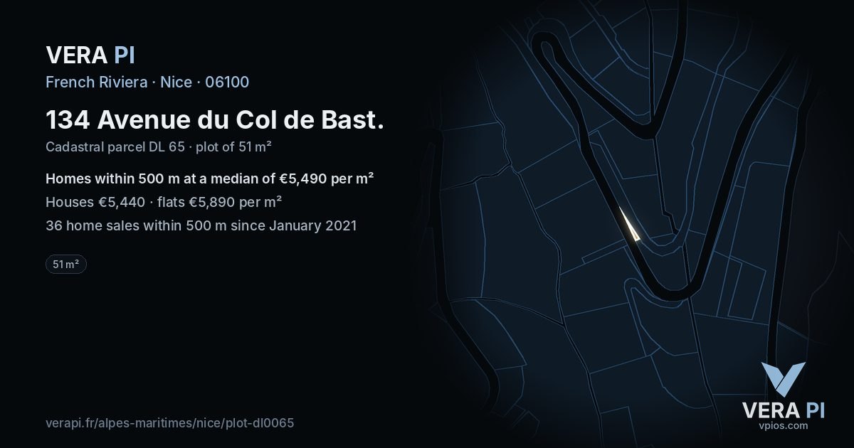 134 Avenue du Col de Bast, Nice at night – the plot lit, the parcels around coloured by the prices near them