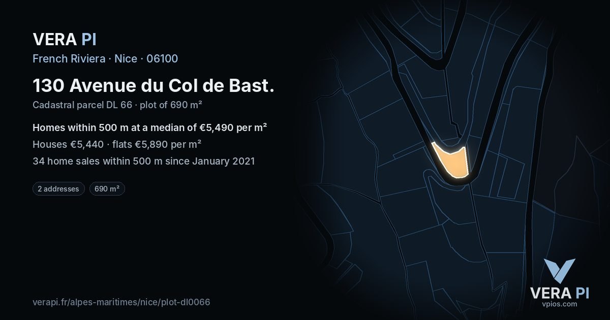 130 Avenue du Col de Bast, Nice at night – the plot lit, the parcels around coloured by the prices near them