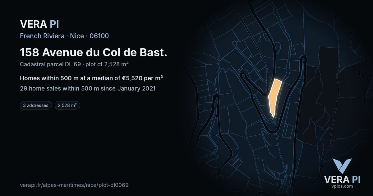 158 Avenue du Col de Bast, Nice at night – the plot lit, the parcels around coloured by the prices near them