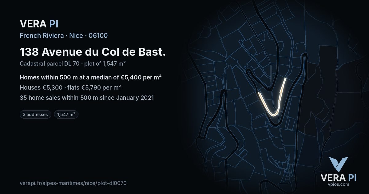 138 Avenue du Col de Bast, Nice at night – the plot lit, the parcels around coloured by the prices near them