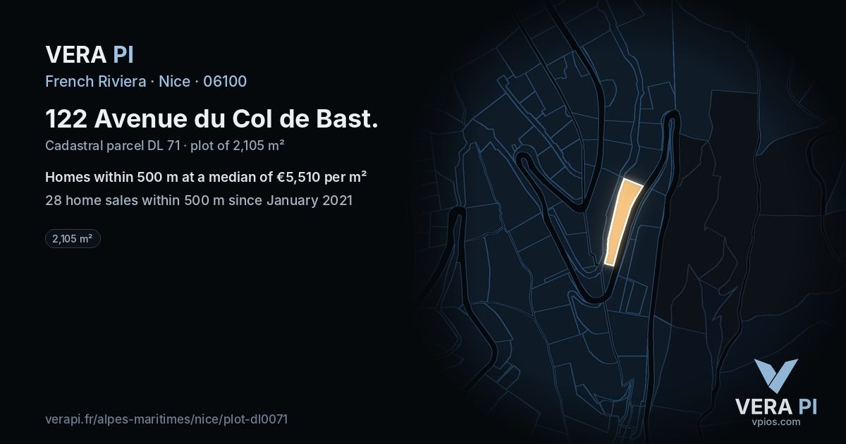 122 Avenue du Col de Bast, Nice at night – the plot lit, the parcels around coloured by the prices near them