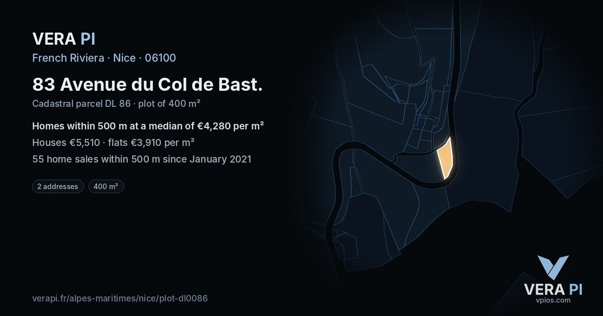 83 Avenue du Col de Bast, Nice at night – the plot lit, the parcels around coloured by the prices near them
