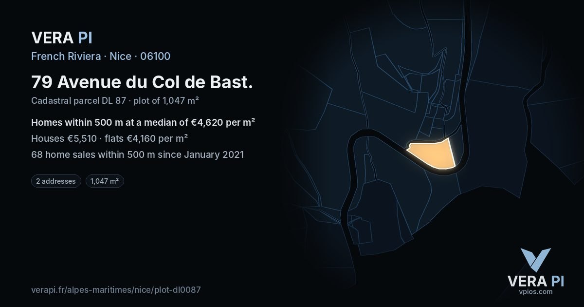 79 Avenue du Col de Bast, Nice at night – the plot lit, the parcels around coloured by the prices near them