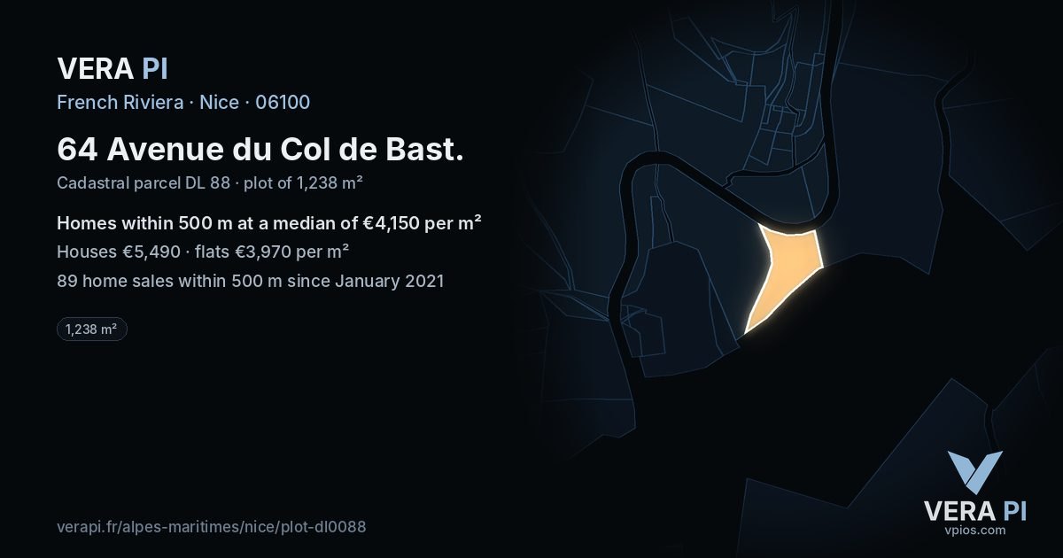 64 Avenue du Col de Bast, Nice at night – the plot lit, the parcels around coloured by the prices near them